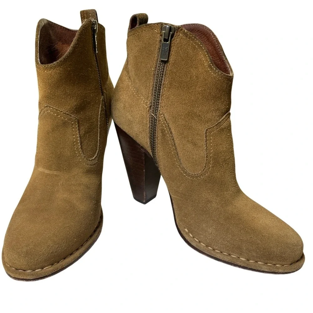 Frye Madeleine Suede Ankle Boots Brown Leather Lined Stacked Heel‎ 8.5